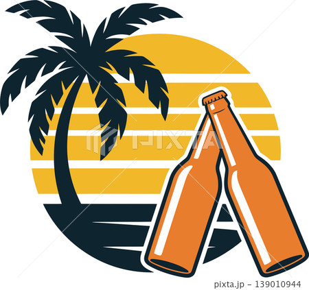 Sunset Beer Toast with Palm Tree Illustration Sunset Beer Toast with Palm Tree Illustration 139010944