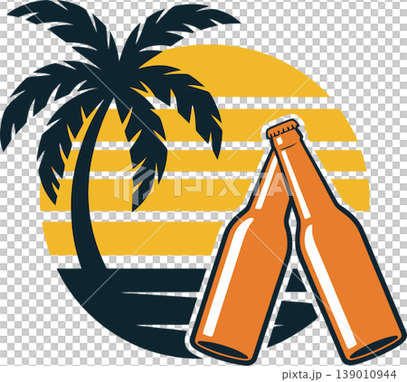 Sunset Beer Toast with Palm Tree Illustration Sunset Beer Toast with Palm Tree Illustration 139010944