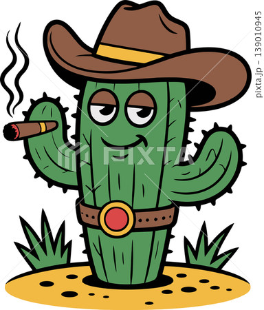 Cool Cowboy Cactus Smoking Cigar Illustration 139010945
