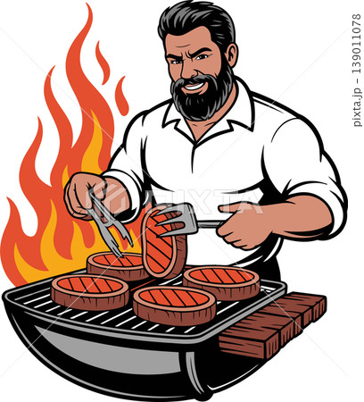 Person Grilling Burgers on Barbecue Illustration Person Grilling Burgers on Barbecue Illustration 139011078