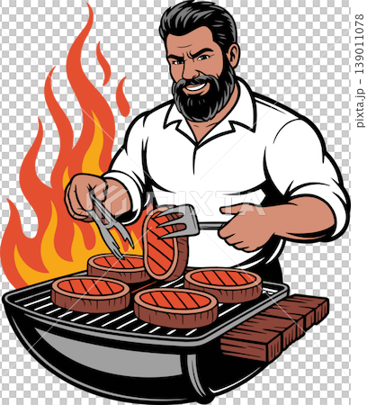 Person Grilling Burgers on Barbecue Illustration Person Grilling Burgers on Barbecue Illustration 139011078