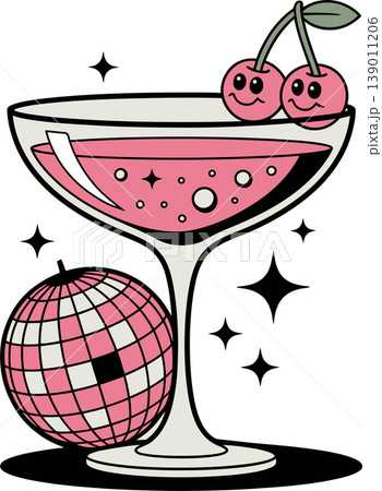 Cute Cocktail Glass with Cherries and Disco Ball Illustration	 139011206