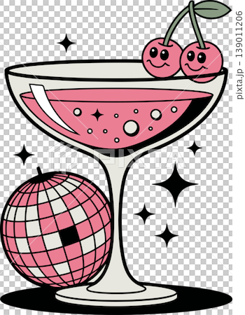 Cute Cocktail Glass with Cherries and Disco Ball Illustration	 139011206