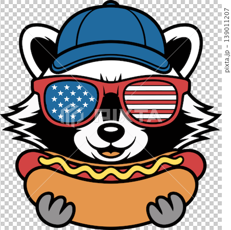 Cute Raccoon with Hot Dog and American Flag Glasses Illustration Cute Raccoon with Hot Dog and American Flag Glasses Illustration 139011207