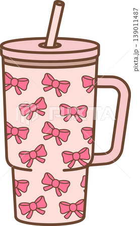 Cute Pink Tumbler with Bows and Straw Illustration Cute Pink Tumbler with Bows and Straw Illustration 139011487