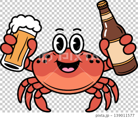 Cheerful Crab Holding Beer Glass and Bottle Cartoon Illustration Cheerful Crab Holding Beer Glass and Bottle Cartoon Illustration 139011577