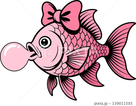 Cute Pink Fish Blowing Bubblegum Illustration	 139011585