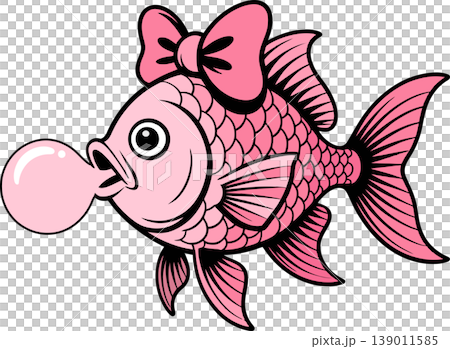 Cute Pink Fish Blowing Bubblegum Illustration	 139011585