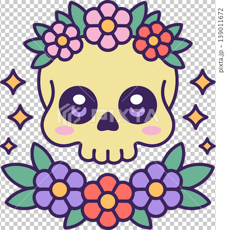 Cute Floral Skull with Flowers and Stars Illustration Cute Floral Skull with Flowers and Stars Illustration 139011672