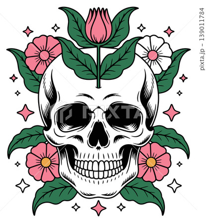Floral Skull with Pink Flowers and Leaves Illustration	 139011784