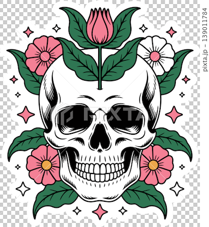 Floral Skull with Pink Flowers and Leaves Illustration Floral Skull with Pink Flowers and Leaves Illustration 139011784