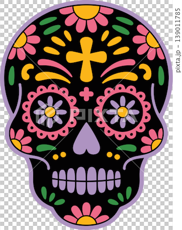 Colorful Sugar Skull Day of the Dead Floral Decoration Illustration Colorful Sugar Skull Day of the Dead Floral Decoration Illustration 139011785