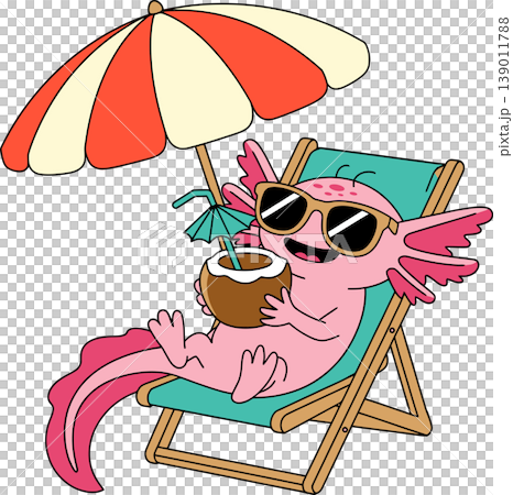 Axolotl Relaxing with Coconut Drink Illustration 139011788