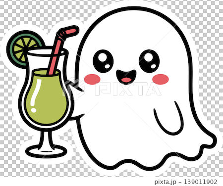Cute Ghost Drinking Cocktail Cartoon Illustration	 139011902