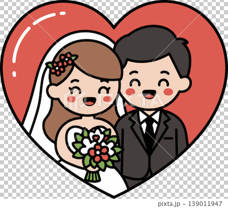 Cute Wedding Couple in Heart Frame Cartoon Style Cute Wedding Couple in Heart Frame Cartoon Style 139011947