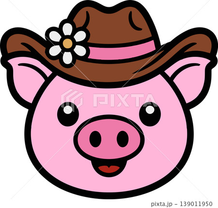Cute Pig Face with Cowboy Hat and Flower Illustration	 139011950