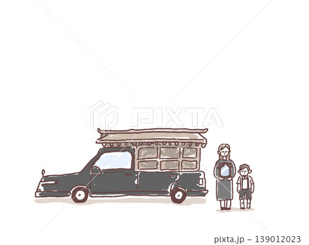 霊柩車と遺影を持った親子、葬儀、告別式、出棺 139012023
