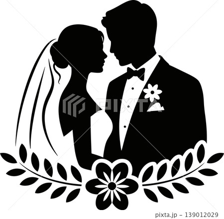 Wedding Couple Silhouette with Floral Design Illustration Wedding Couple Silhouette with Floral Design Illustration 139012029