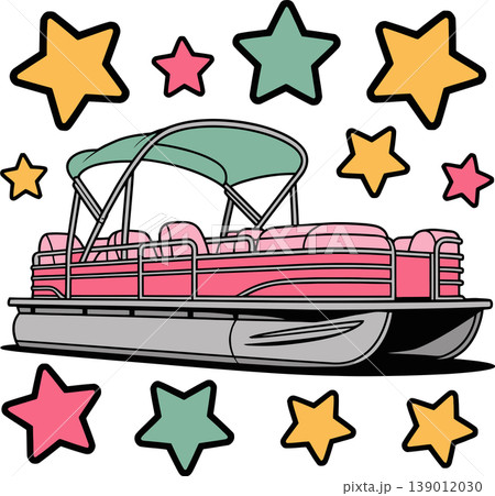 Pontoon Boat with Stars Cartoon Illustration 139012030