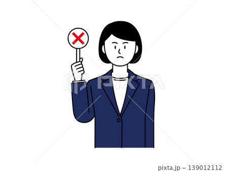 怒った顔でバツの札を持つスーツ姿の若い女性のイラスト 怒った顔でバツの札を持つスーツ姿の若い女性のイラスト 139012112