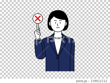 怒った顔でバツの札を持つスーツ姿の若い女性のイラスト 怒った顔でバツの札を持つスーツ姿の若い女性のイラスト 139012112
