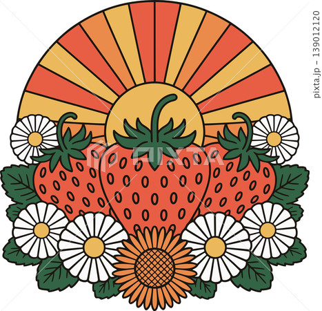 Sunburst with Strawberries and Flowers Illustration 139012120