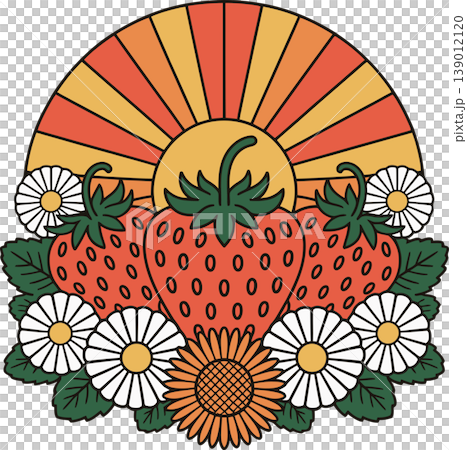 Sunburst with Strawberries and Flowers Illustration 139012120