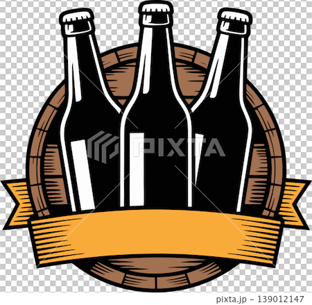 Vintage Beer Bottles on Barrel with Ribbon Banner Illustration Vintage Beer Bottles on Barrel with Ribbon Banner Illustration 139012147