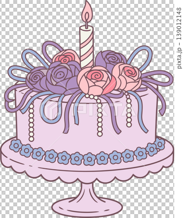 Cute Floral Birthday Cake with Candle Illustration	 139012148