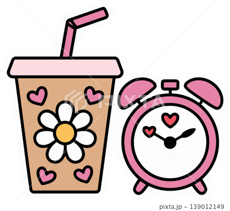 Cute Drink and Alarm Clock with Hearts and Flower Illustration Cute Drink and Alarm Clock with Hearts and Flower Illustration 139012149