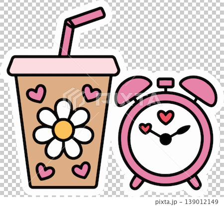 Cute Drink and Alarm Clock with Hearts and Flower Illustration Cute Drink and Alarm Clock with Hearts and Flower Illustration 139012149