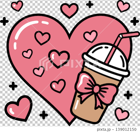 Cute Heart and Iced Coffee Cup with Bow Illustration Cute Heart and Iced Coffee Cup with Bow Illustration 139012150