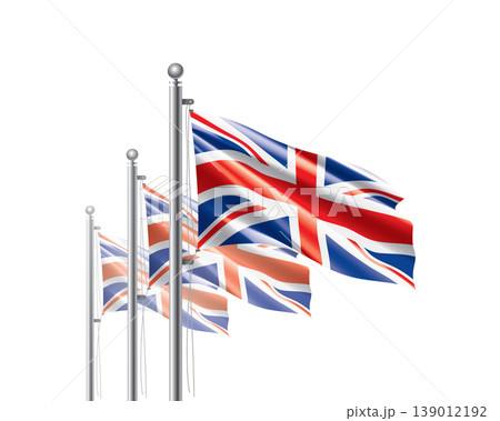 Brightly shining British flags wave proudly on tall masts during official celebration events 139012192