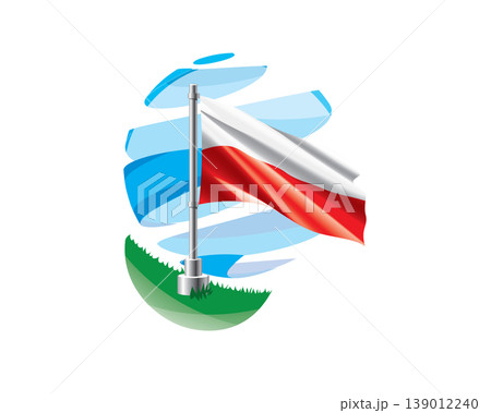 Polish flag on a green lawn against a background of blue abstract sky 139012240