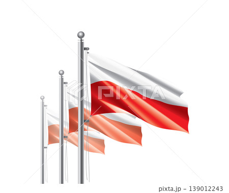 Brightly shining Polish flags wave proudly on tall masts during official celebration events Brightly shining Polish flags wave proudly on tall masts during official celebration events 139012243