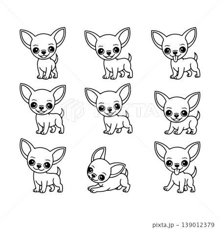 Cute chihuahua puppies in various playful poses, showcasing their adorable traits and expressions in simple line art design Cute chihuahua puppies in various playful poses, showcasing their adorable traits and expressions in simple line art design 139012379