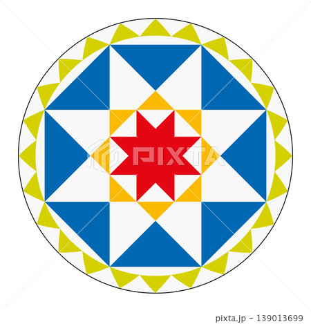 Hex sign with octagram pattern, a symbol of luck and good fortune. Motif in the style of Pennsylvania Dutch folk art. Colorful triangles forming octagons, surrounding a red eight-pointed star. Vector Hex sign with octagram pattern, a symbol of luck and good fortune. Motif in the style of Pennsylvania Dutch folk art. Colorful triangles forming octagons, surrounding a red eight-pointed star. Vector 139013699