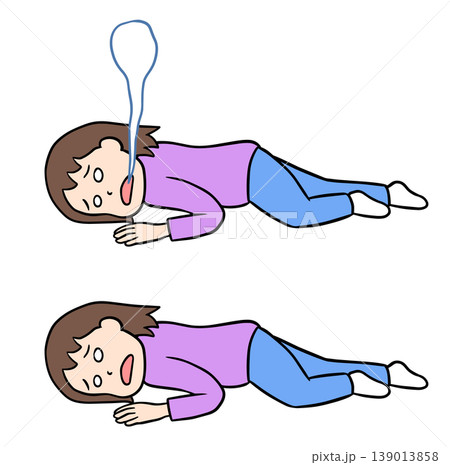 白目を剥いてうつ伏せに倒れた女性と口から魂が抜けている女性のイラストセット 白目を剥いてうつ伏せに倒れた女性と口から魂が抜けている女性のイラストセット 139013858