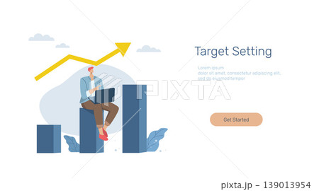 Setting business goals, Business motivation or financial goals, growth, Advertising media design concept, Banner sign. Mobile app. Web template. Businessman sitting on a growing bar graph. Setting business goals, Business motivation or financial goals, growth, Advertising media design concept, Banner sign. Mobile app. Web template. Businessman sitting on a growing bar graph. 139013954