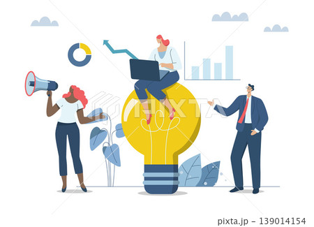 Creativity and inspiration lead to successful teamwork, Ideas about innovation and how to create opportunities for companies to grow and prosper, Team of businessmen working with big idea light bulb. 139014154