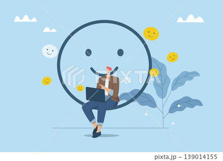 Optimism attitude or positive thinking, Emotional intelligence inspires and brings happiness in work and life, Businessman sits with a smiling face in a good atmosphere. Vector design illustration. Optimism attitude or positive thinking, Emotional intelligence inspires and brings happiness in work and life, Businessman sits with a smiling face in a good atmosphere. Vector design illustration. 139014155