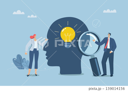 Sharing positive business ideas, Optimism or good attitude, How to solve problems, Emotional intelligence inspires and brings happiness to work, Light bulb in human head with business team. Sharing positive business ideas, Optimism or good attitude, How to solve problems, Emotional intelligence inspires and brings happiness to work, Light bulb in human head with business team. 139014156
