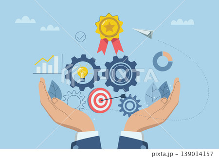 Leader with idea for developing business processes or researching new innovative projects, Problem solving concept and effective management, Businessman's hands controlling business mechanisms. 139014157