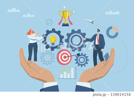 Leader with idea for developing business processes or researching new innovative projects, Problem solving concept and effective management, Businessman on big hand controlling the business mechanism 139014158
