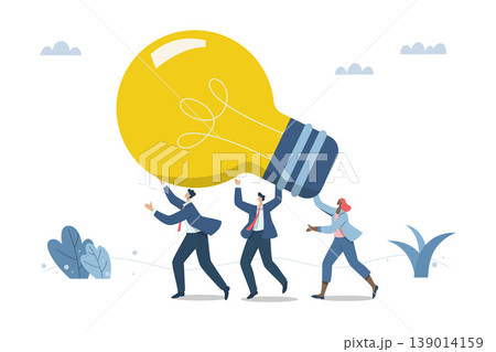 Teamwork that creates big ideas, Drive team success that enables the company to reach its goals, Developing efficient processes, Team of businessmen is holding large light bulb. Vector illustration 139014159
