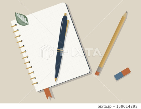 Botanical Academic Workspace Flat Lay Open Dot Grid Notebook with Sage Green Leaf, Elegant Pen and Pencil. Eco-Friendly Stationery Vector Design 139014295