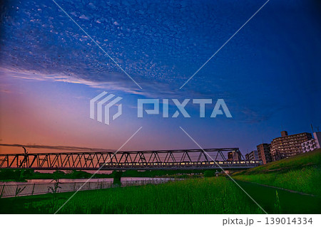 夕景の江戸川鉄橋を渡る京成電車 夕景の江戸川鉄橋を渡る京成電車 139014334