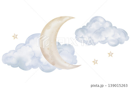 Composition with hand drawn watercolor illustration of the yellow beige moon with stars and blue clouds for nursery wall art in light pastel color. Sky for dreamy atmosphere for kids design. Composition with hand drawn watercolor illustration of the yellow beige moon with stars and blue clouds for nursery wall art in light pastel color. Sky for dreamy atmosphere for kids design. 139015263