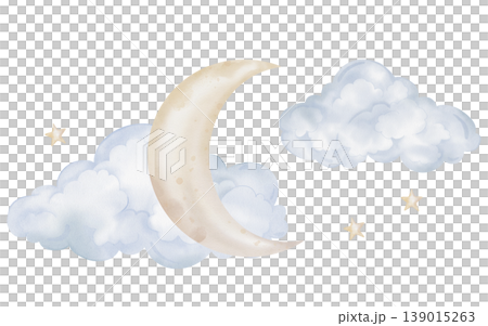 Composition with hand drawn watercolor illustration of the yellow beige moon with stars and blue clouds for nursery wall art in light pastel color. Sky for dreamy atmosphere for kids design. Composition with hand drawn watercolor illustration of the yellow beige moon with stars and blue clouds for nursery wall art in light pastel color. Sky for dreamy atmosphere for kids design. 139015263