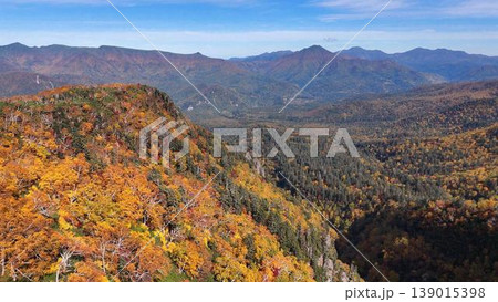 【空撮】黒岳から望む大雪山系の絶景パノラマ！見渡す限りの紅葉の大樹海と雄大な山並み 139015398